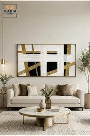 Luxury Horizontal Abstract Wall Art Ð Modern Black, White & Gold Geometric Framed Artwork for Living Room, Dining Room & Office DŽcor