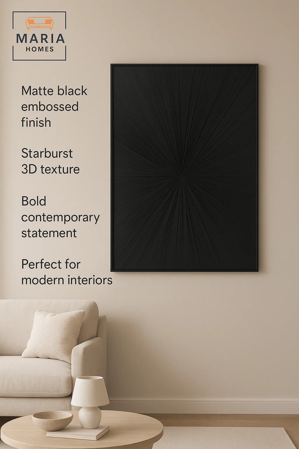 Framed Monochrome Textured Wall Art Ð Black Radial Burst Design and Size 123*83 cm