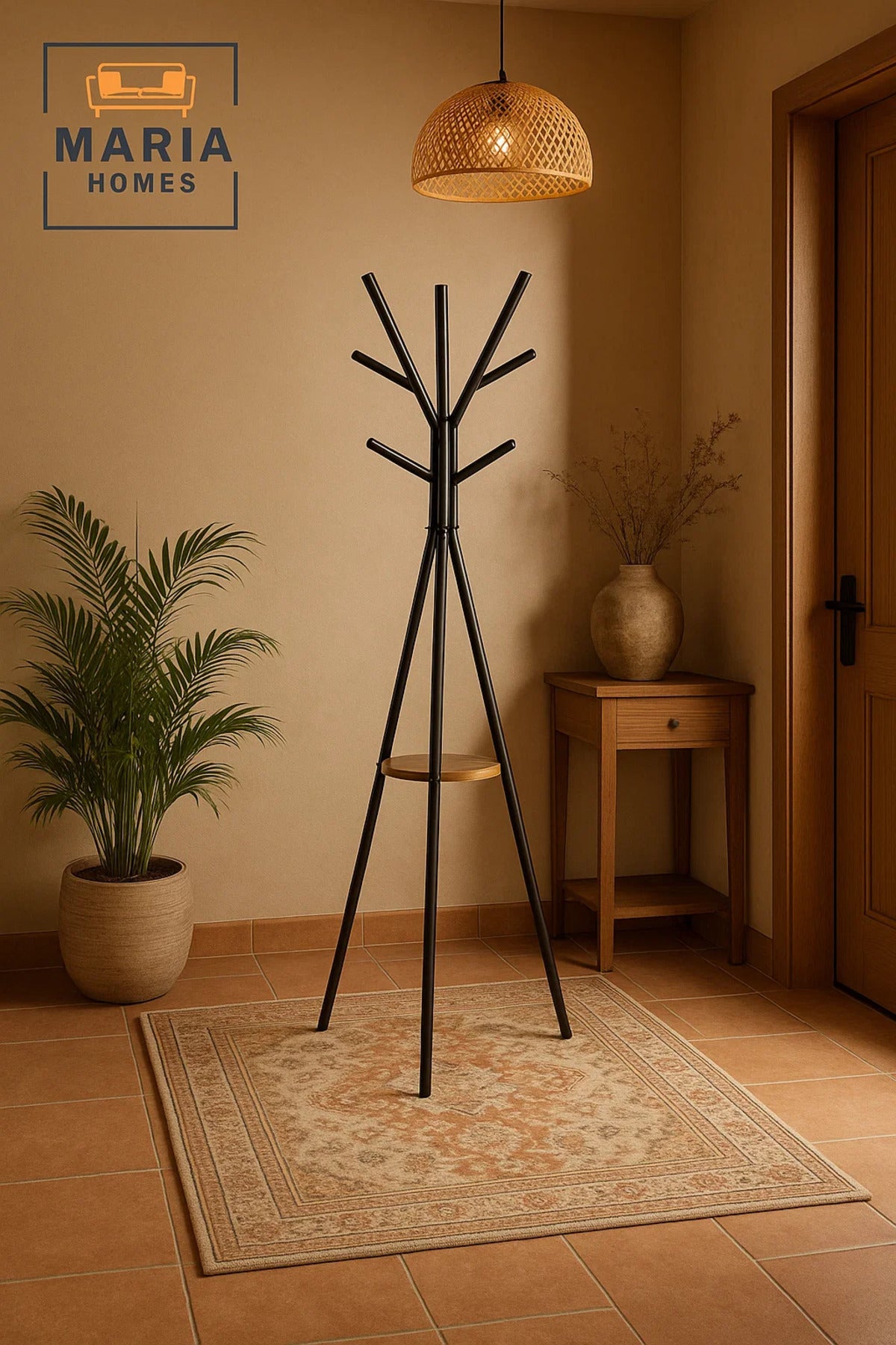 Black Tripod Coat Rack with Wooden Shelf