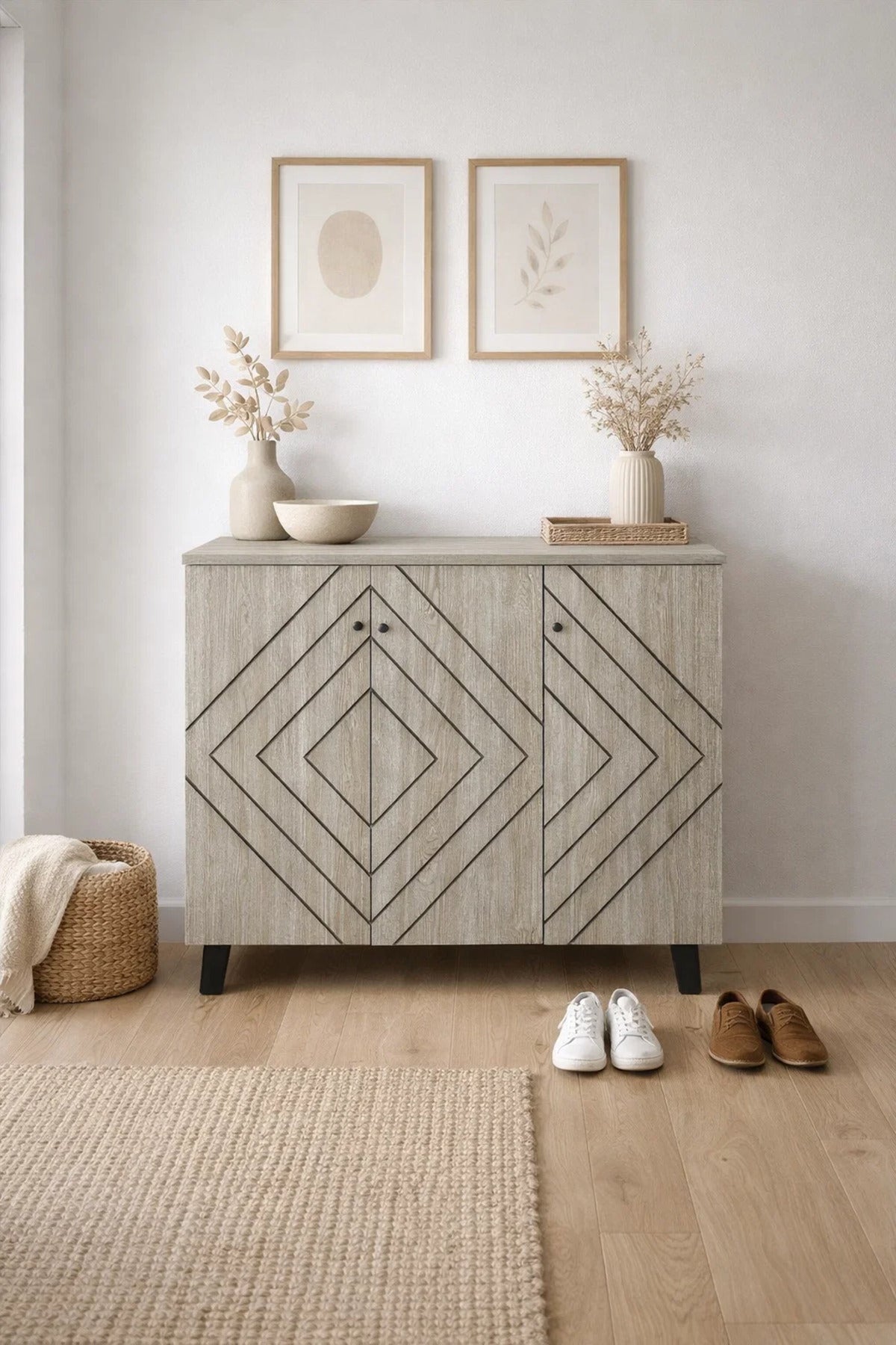 Stylish Beige Shoe Cabinet 3 Doors Geometric Design Entryway Organizer Large Capacity 120cm Width