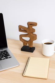 Walnut and Black Wooden Abstract Decorative Sculpture on Stand Ð Contemporary Art Accent