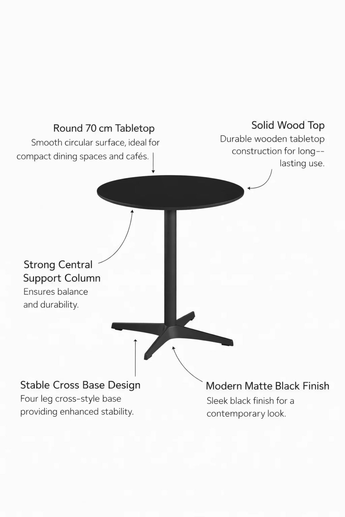 Modern Black Round Cafe Table 70cm Wood Top Metal Cross Base for Kitchen Dining Breakfast Nook