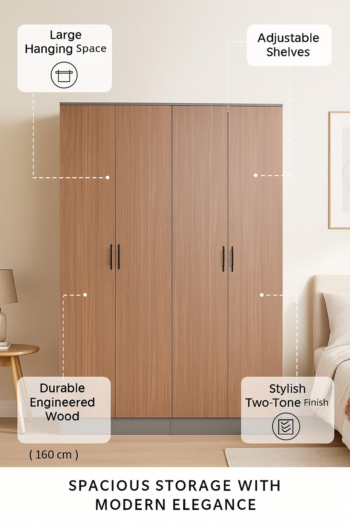 3-Door Wardrobe with Shelves Ð 160_54_200 cm Modern Gray & Wood Finish Large Storage Cabinet