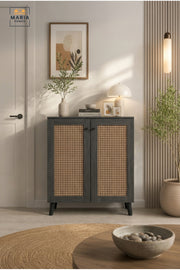 Modern Grey Rattan Storage Cabinet with Cane Doors and Scandinavian Design