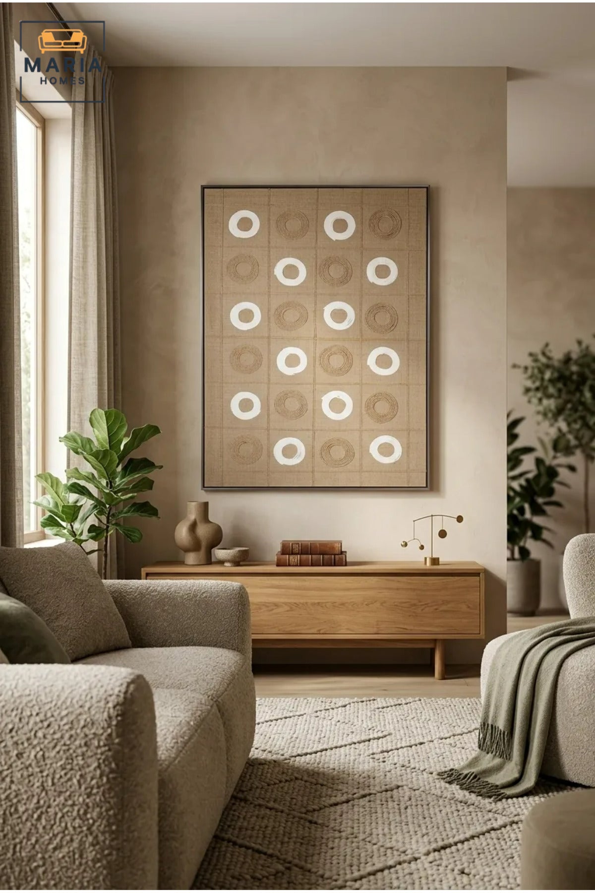 Modern Geometric Textured Wall Art with Slim Black Frame, Beige and White Circle Design for Living Room, Bedroom, Hallway and Office Décor