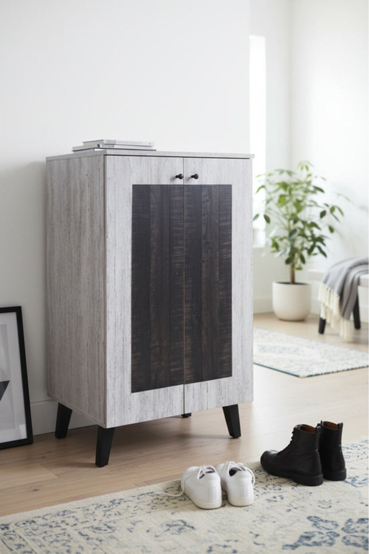 Modern GREY.B Storage Cabinet with Black Textured Panel & Elevated Legs