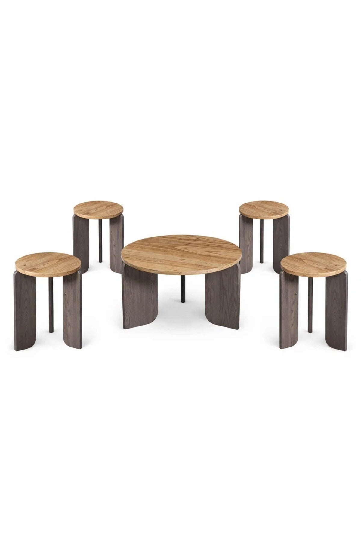 Modern 5-Piece Round Coffee Table Set Wood & Grey Center Table with 4 Side Tables Living Room