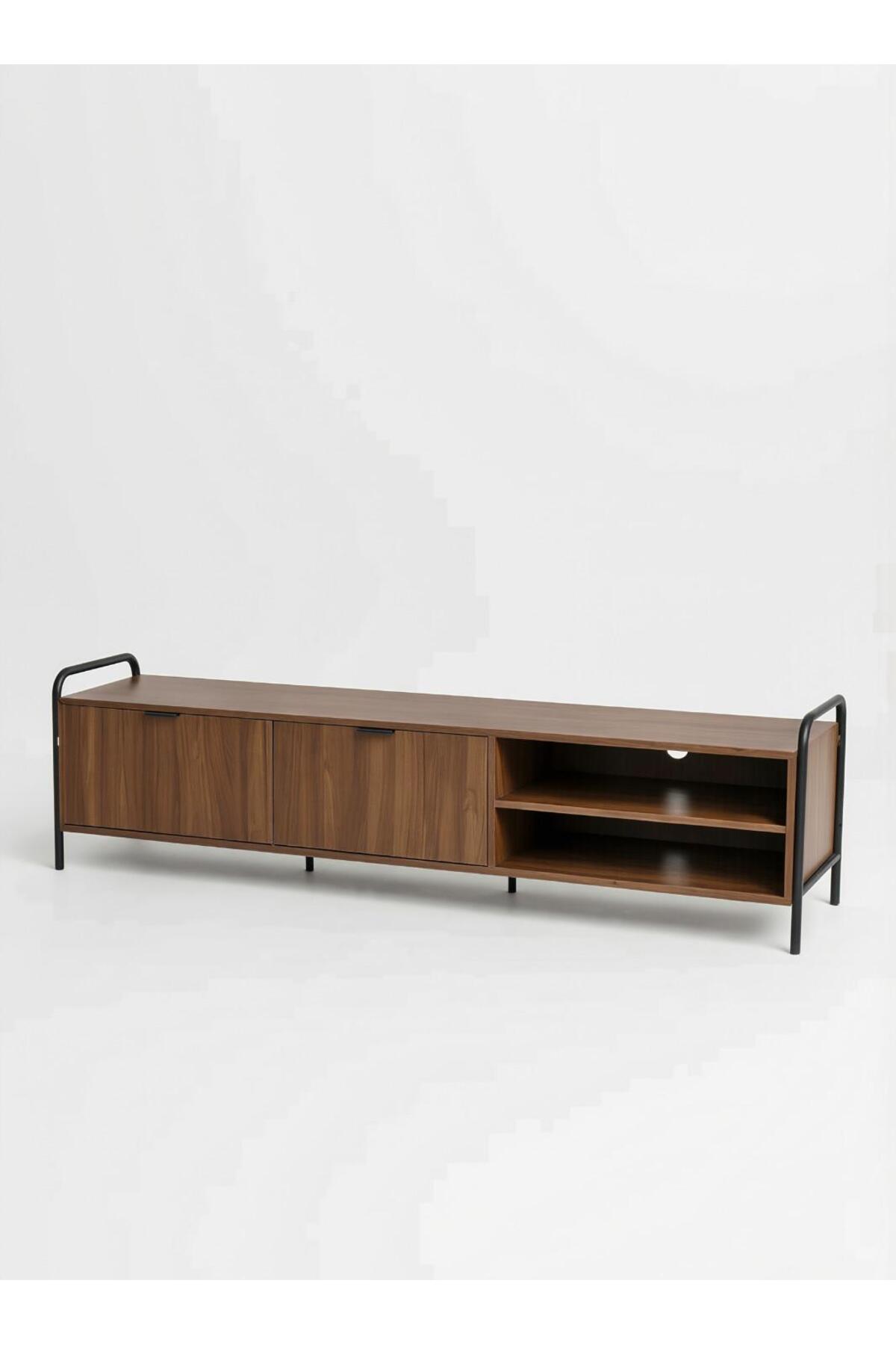 Dark Wood TV Stand with Black Metal Frame and Open Shelves-size 180CM