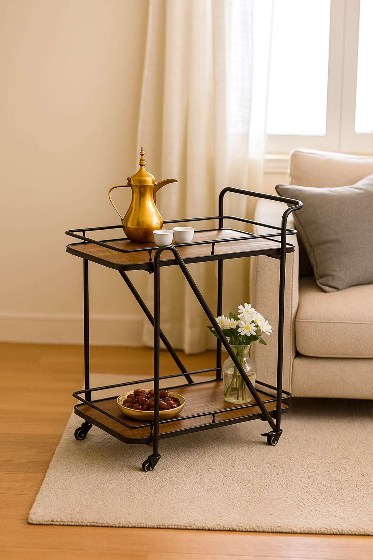 2-Tier Brown Serving Trolley with Wheels Tea & Coffee Cart | Metal Frame & Wood Shelves 70_40_85 cm