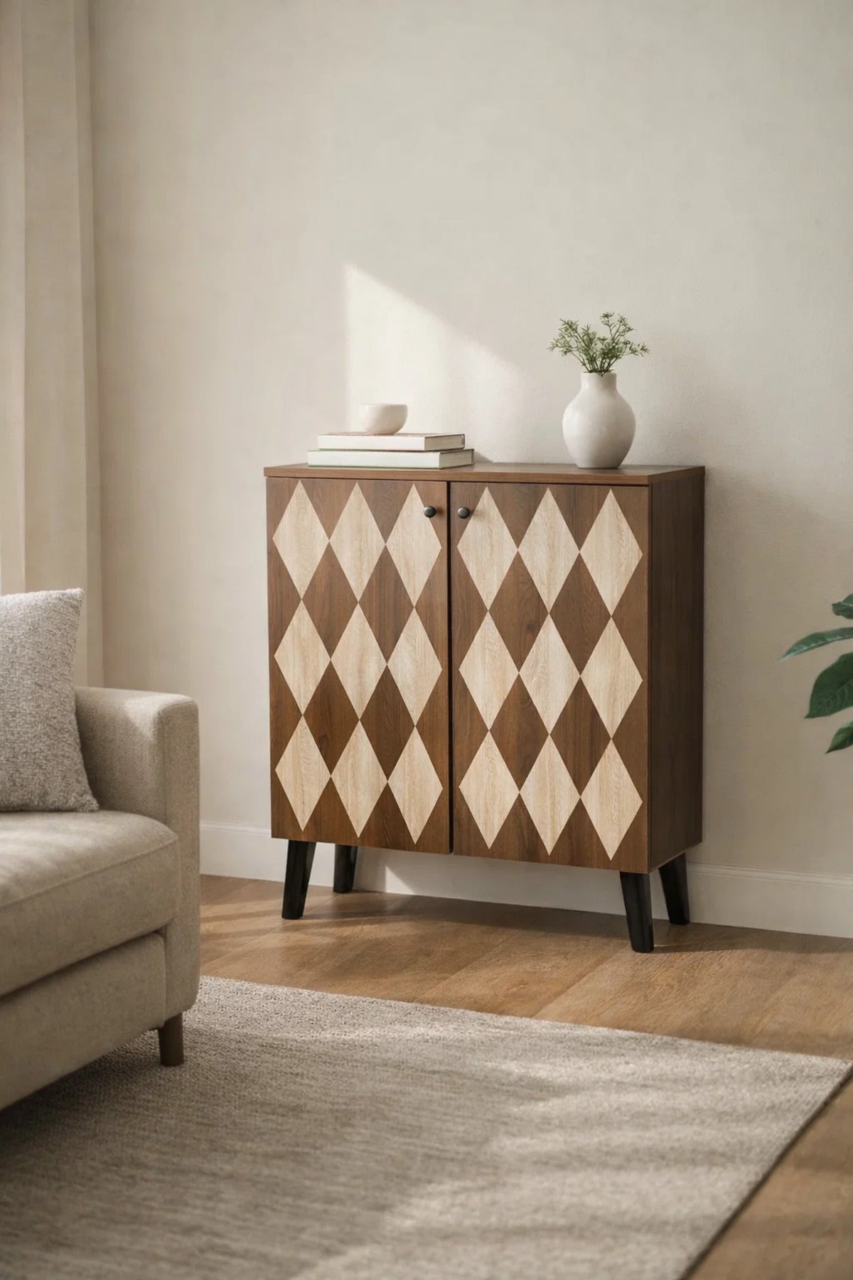 Dark Brown Shoe Cabinet with Geometric Pattern Doors 80 x 32 x 93 cm