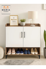 Contemporary White 2-door Wooden Shoe Rack With Open Bottom Shelf Ð Space-saving Shoe Cabinet