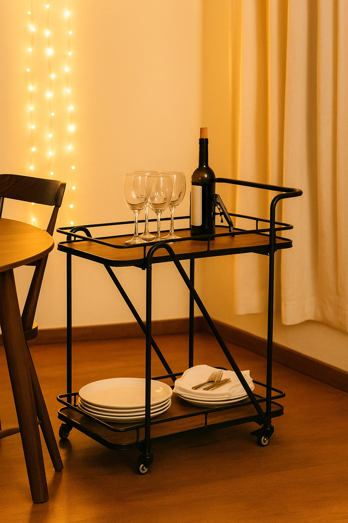 2-Tier Brown Serving Trolley with Wheels Tea & Coffee Cart | Metal Frame & Wood Shelves 70_40_85 cm