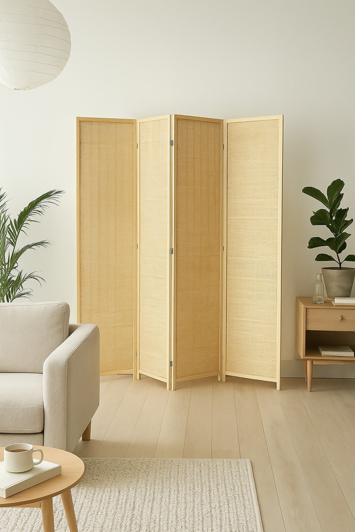 4-Panel Natural Rattan Room Divider Ð 180_200 cm Foldable Privacy Screen in Beige