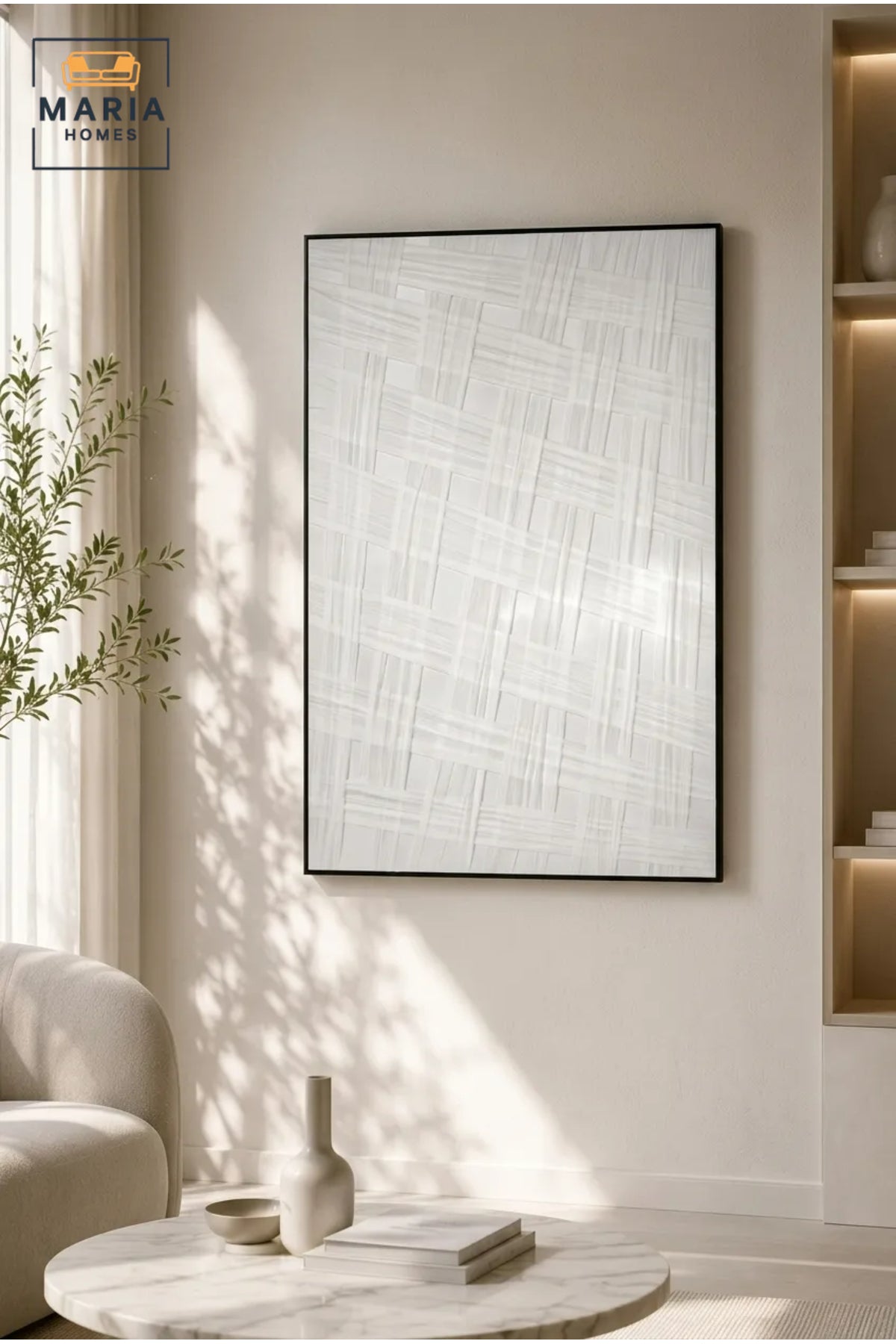 White Woven Texture Abstract Wall Art with Black Frame √ê Modern Minimalist Decorative Artwork