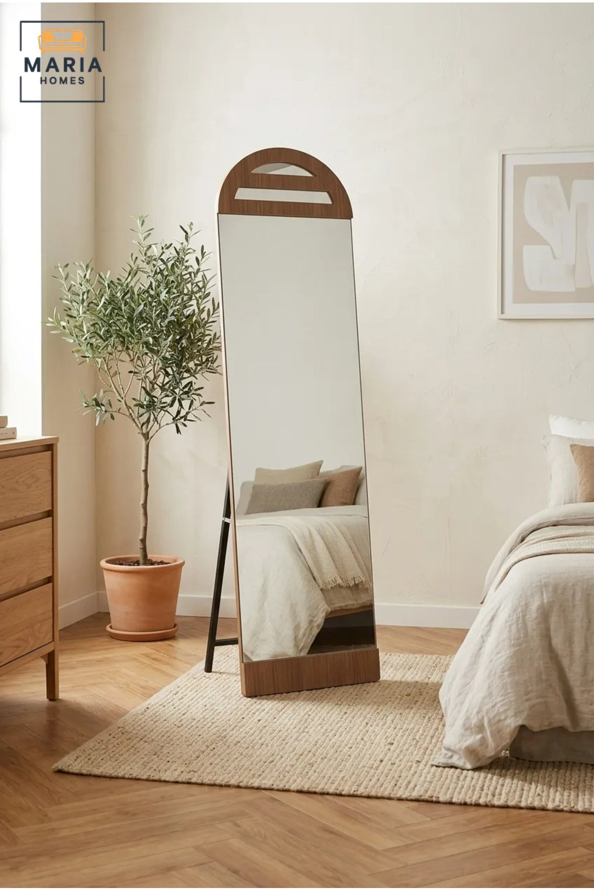 Modern Full Length Floor Mirror with Arched Wooden Frame and Freestanding Support, Dressing Mirror for Bedroom, Entryway, Wardrobe, Salon and Boutique