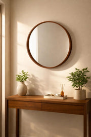 Modern Round Mirror Brown Wood Frame Wall Mounted M50 Decor 70x70cm Living