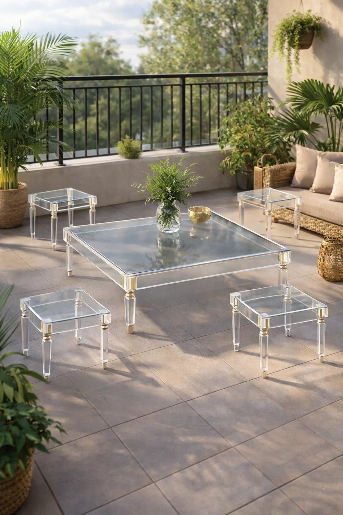 Modern 5-Piece Glass Coffee Table Set with Acrylic Base √ê Clear Glass with Elegant Acrylic Legs