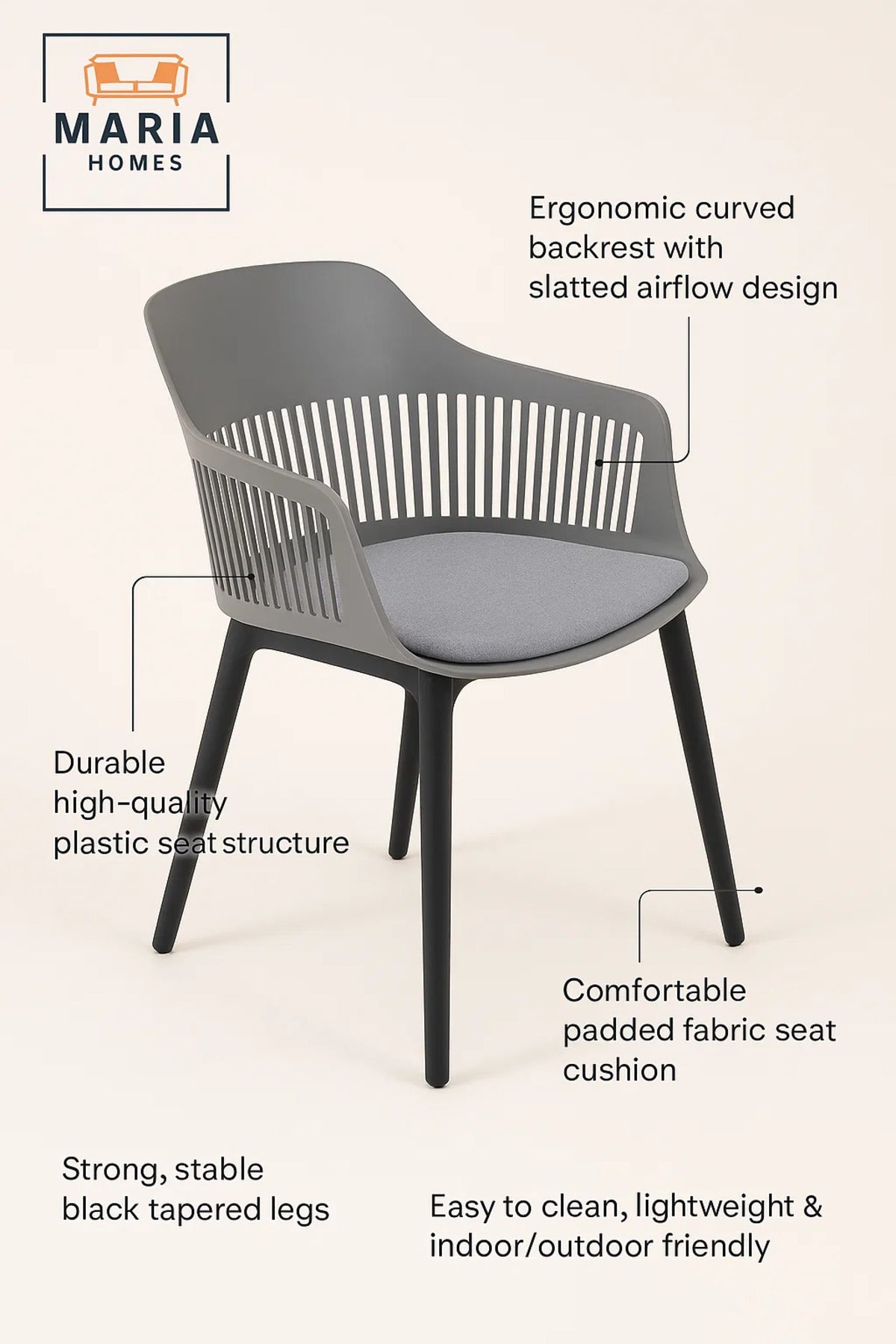 Grey Plastic Armchair with Black Legs Modern Ventilated Backrest Chair for Indoor & Outdoor Seating