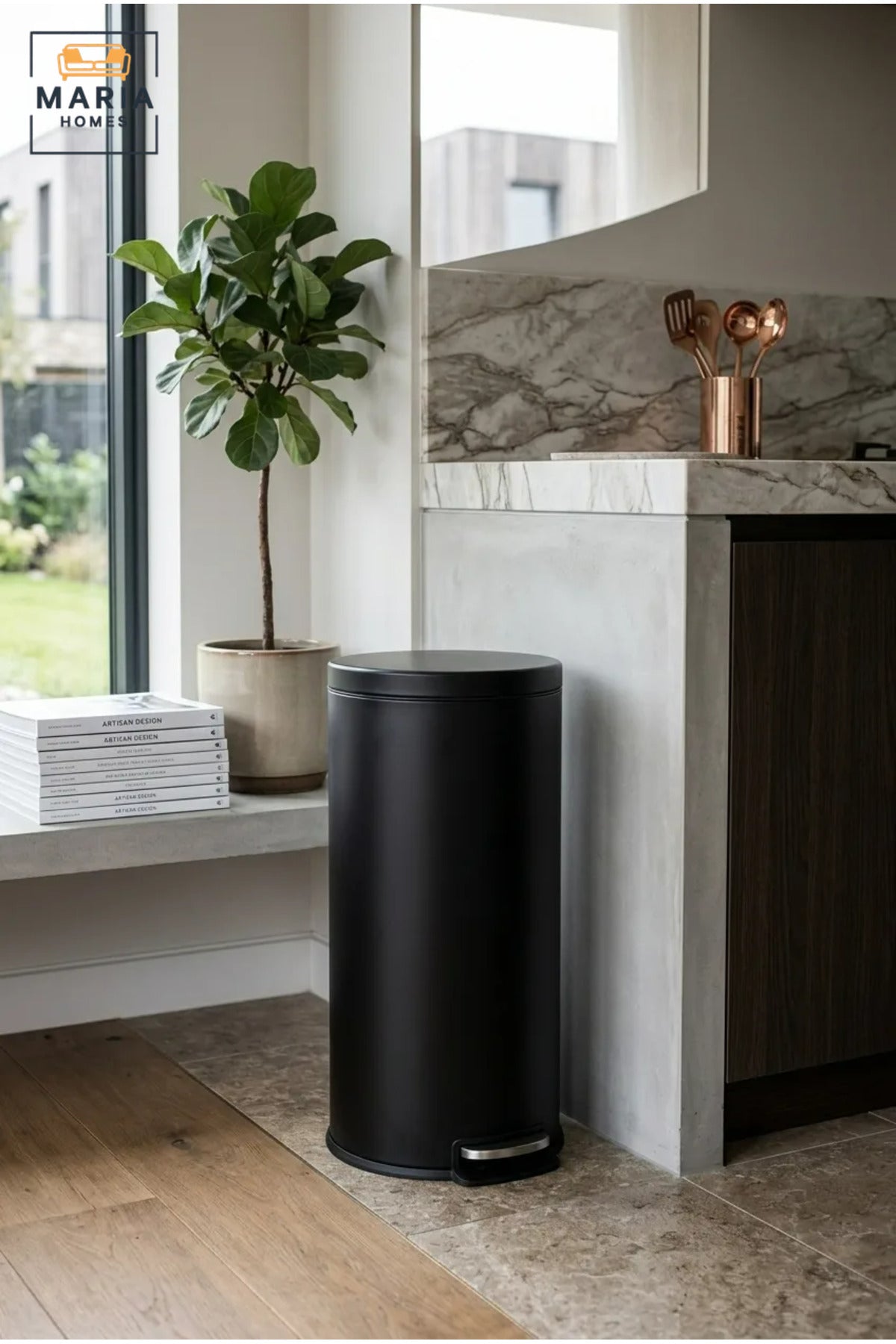 Round Pedal Trash Bin with Lid, Slim Hands-Free Waste Container for Kitchen, Bathroom, Bedroom, Office, Hotel and Commercial Spaces