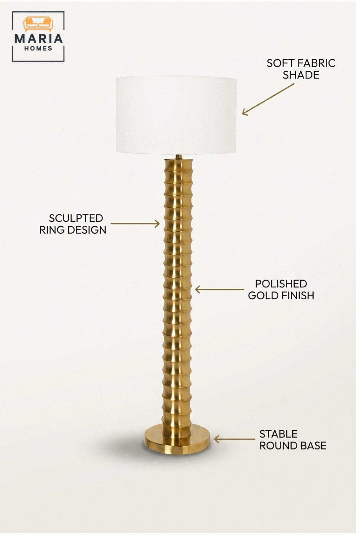Modern Gold Ribbed Floor Lamp with Tall Sculptural Column, Fabric Drum Shade and Round Base Decorative Standing Light for Living Room Bedroom Office
