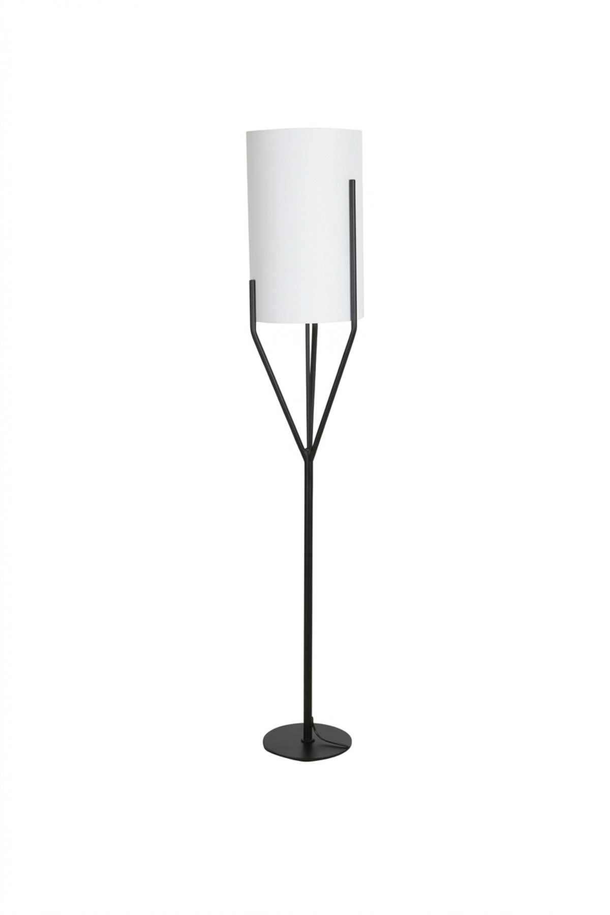 Modern Tripod Floor Lamp with Tall Cylindrical Fabric Shade, Geometric Support Frame and Round Base Standing Light for Living Room Bedroom Office