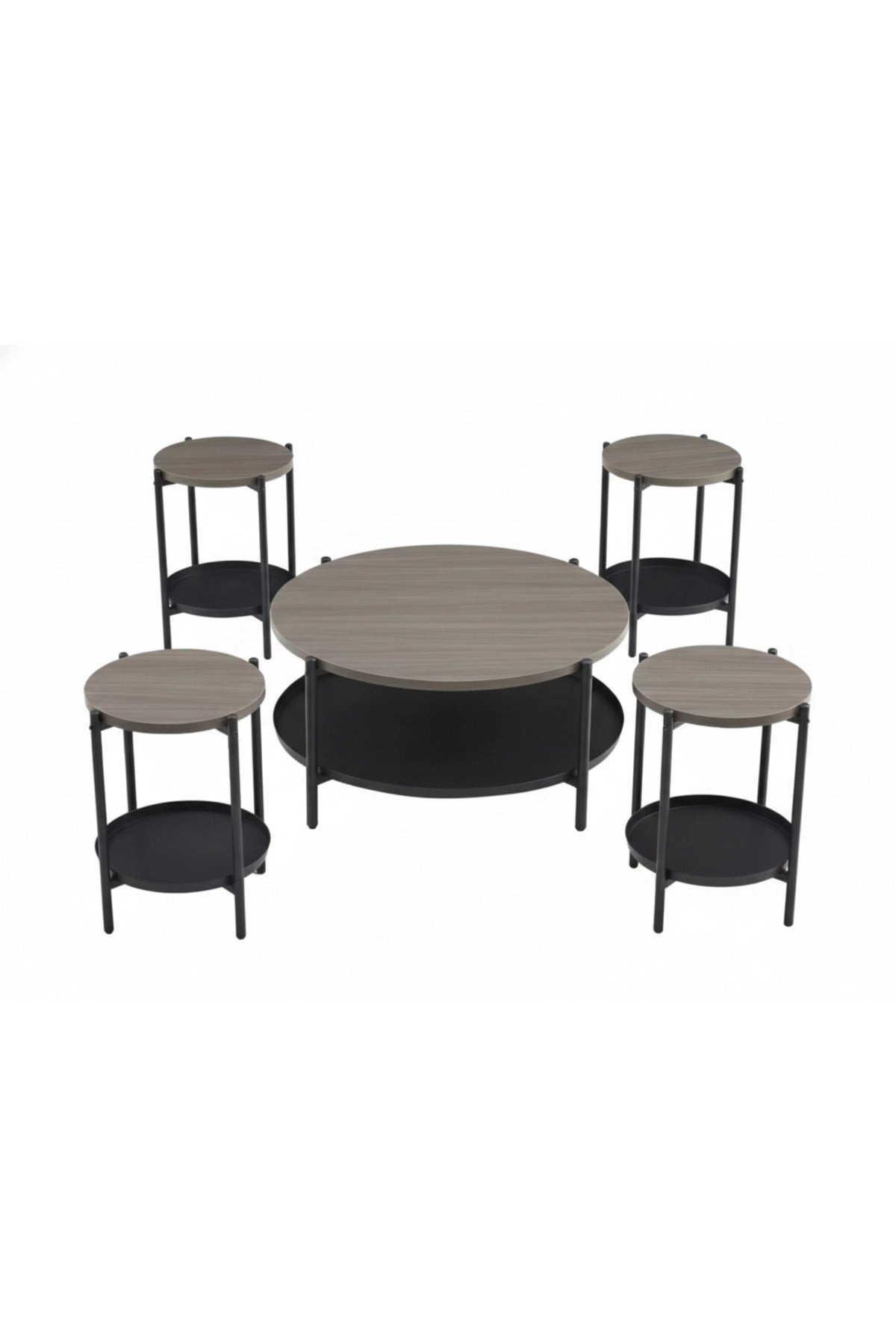 Round Dark Grey Coffee Table Set with 4 Side Tables and Shelf