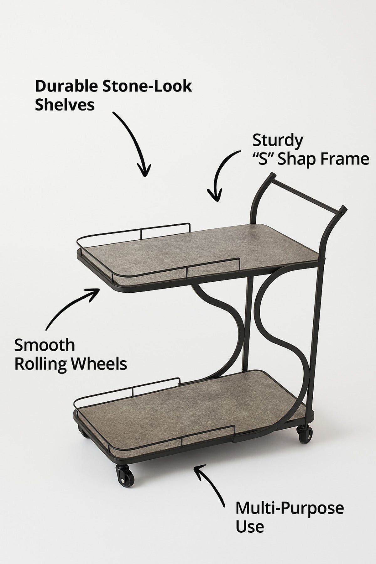Modern Serving Trolley with Stone-Effect Shelves & Black Metal Frame Ð 2-Tier Rolling Bar Cart