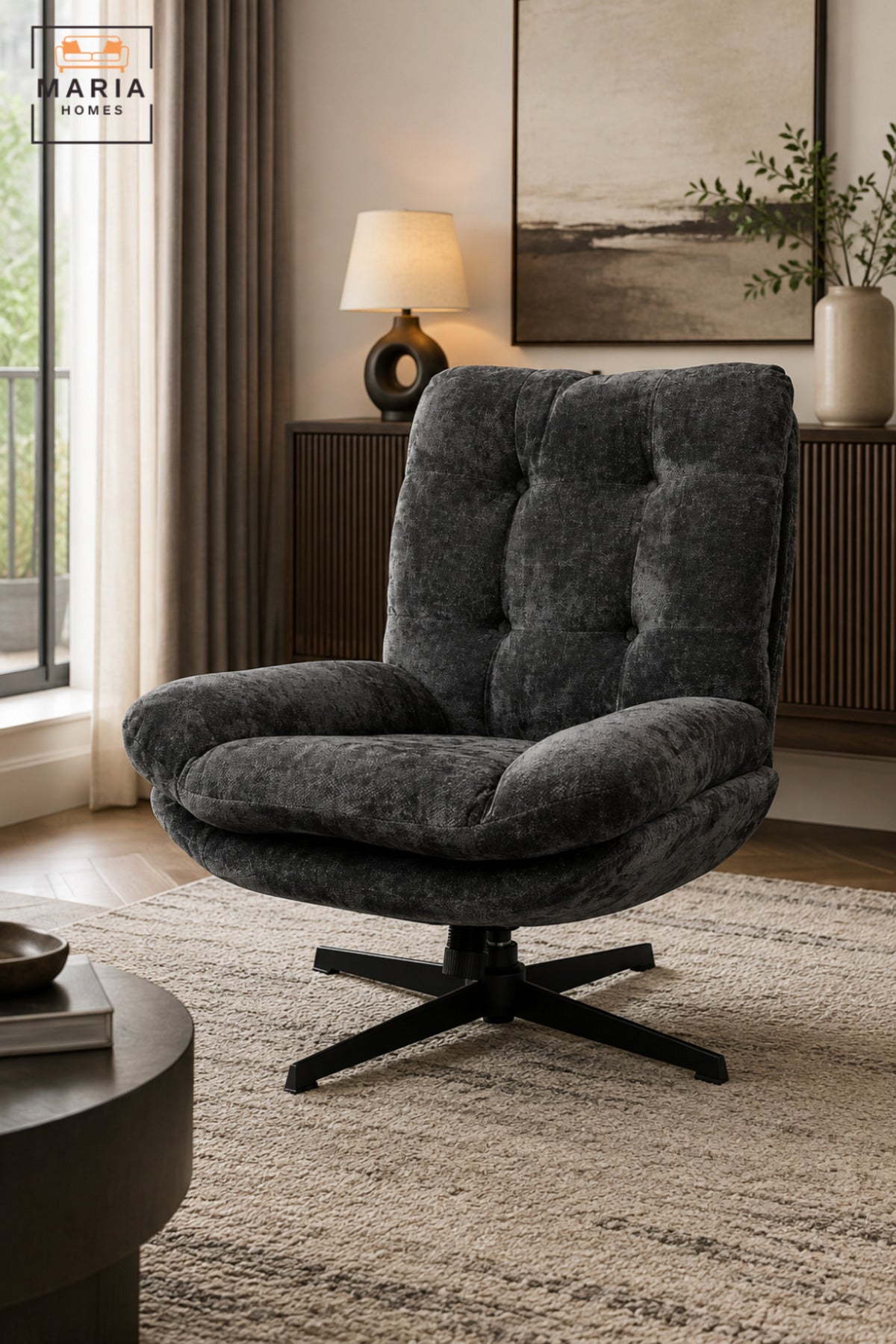 Modern Swivel Lounge Chair with Deep Cushioned Seat & Tufted High Backrest | Contemporary Accent Chair for Living Room, Bedroom, Office & Lounge