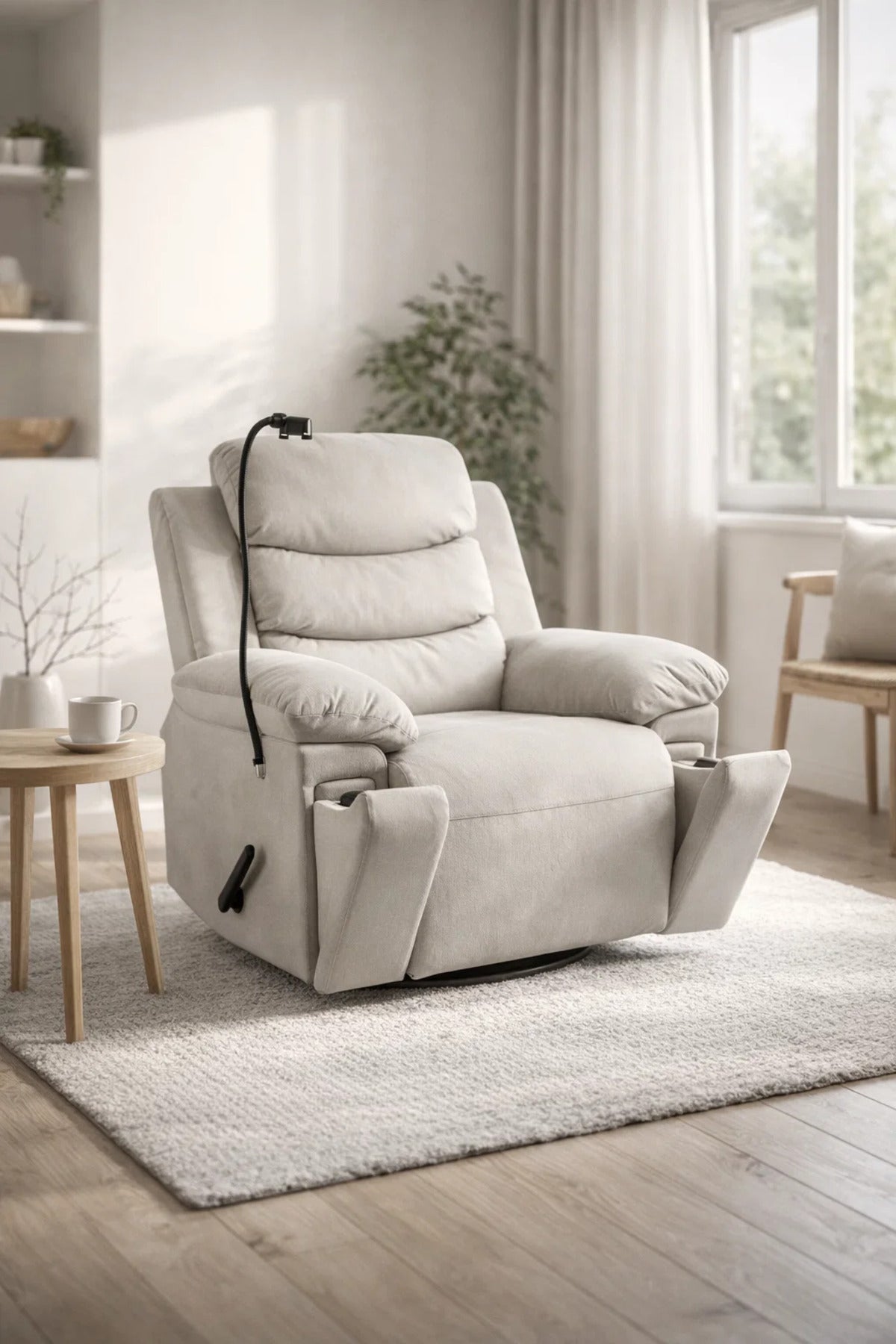 Modern Light Grey Fabric Swivel Rocking Recliner Chair with Built-in Phone Holder for Home Relaxing