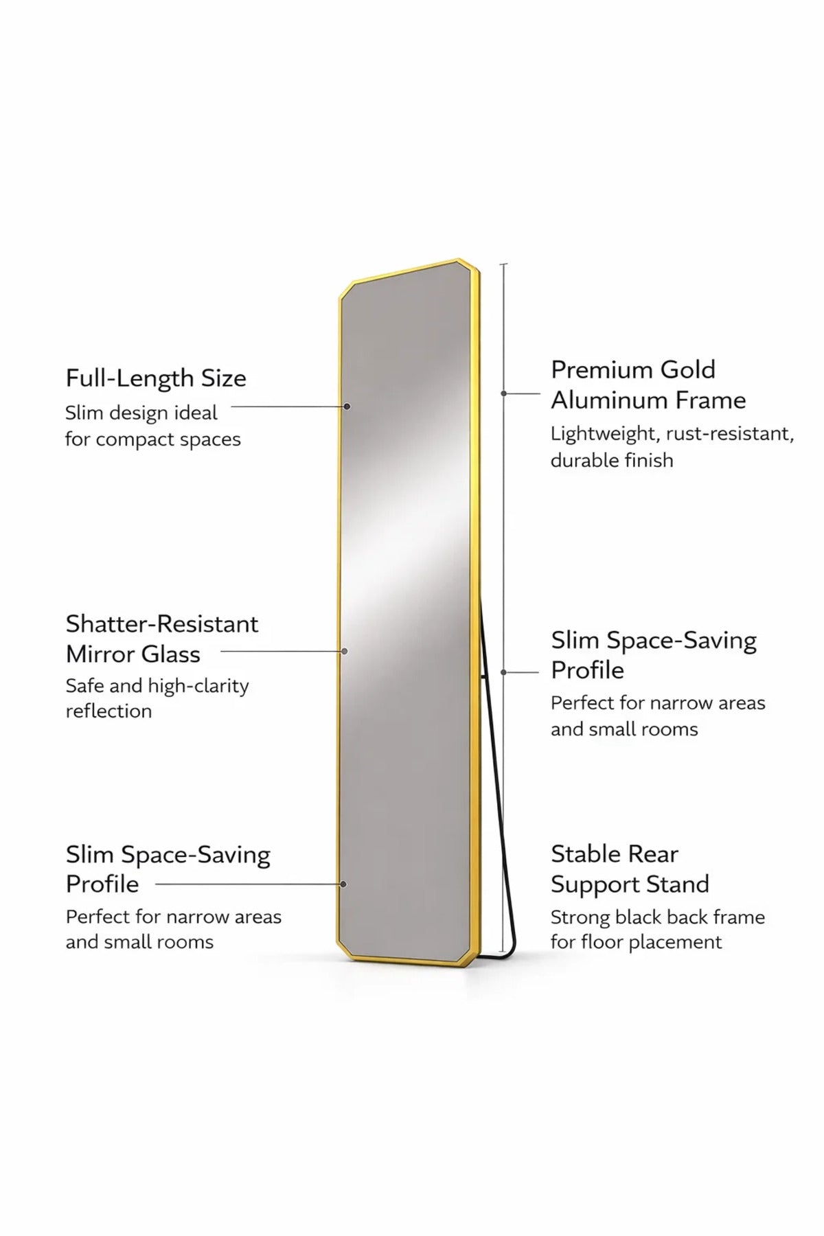 Gold Aluminum Full Length Standing Mirror 160x40cm Shatterproof Modern Bedroom Dressing Room Decor
