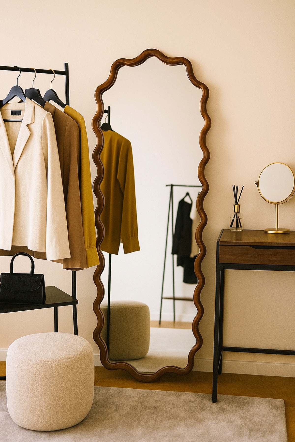 Wavy Wooden Frame Floor Mirror 163_60 cm Ð Full-Length Standing Dressing Mirror