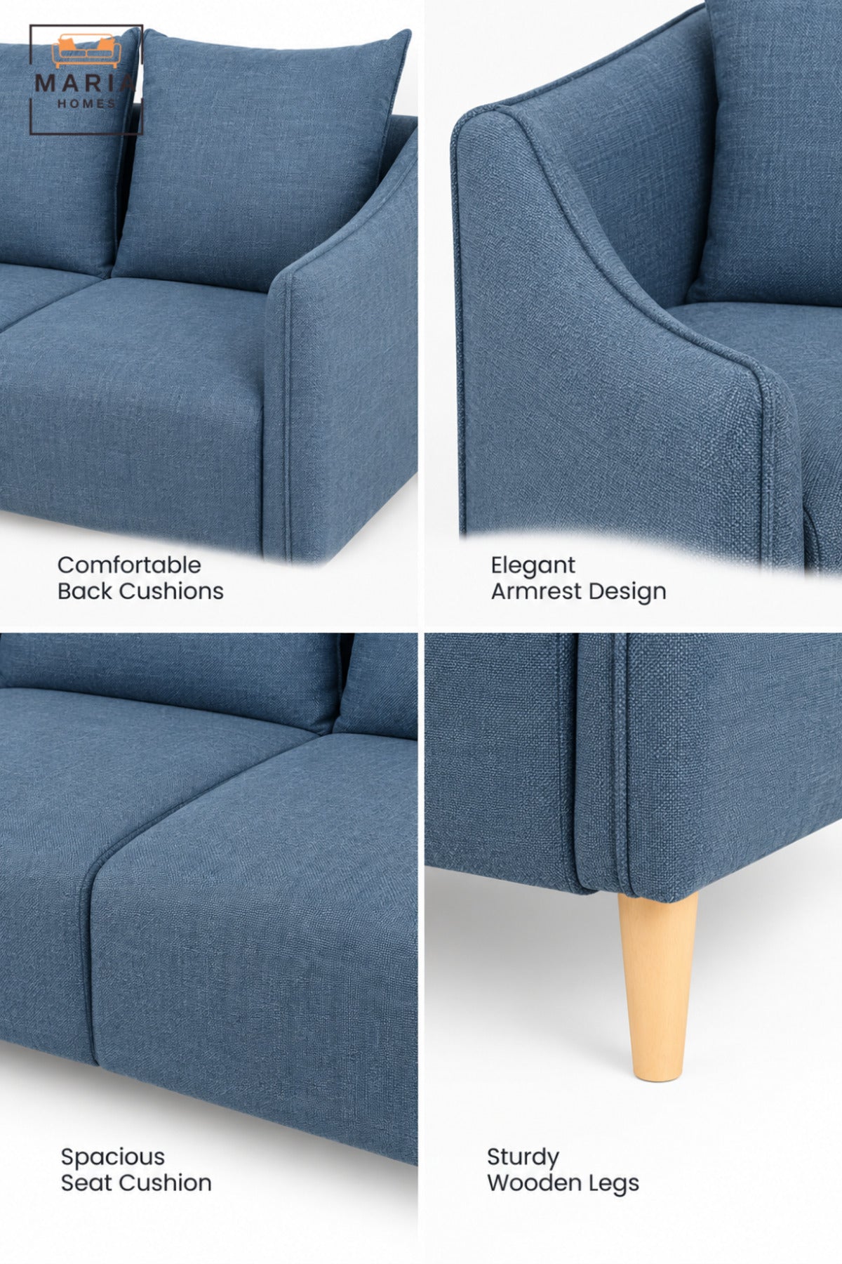Modern Blue 2 Seater Fabric Sofa with Soft Back Cushions, Comfortable Loveseat with Armrests and Wooden Legs for Living Room, Bedroom & Lounge