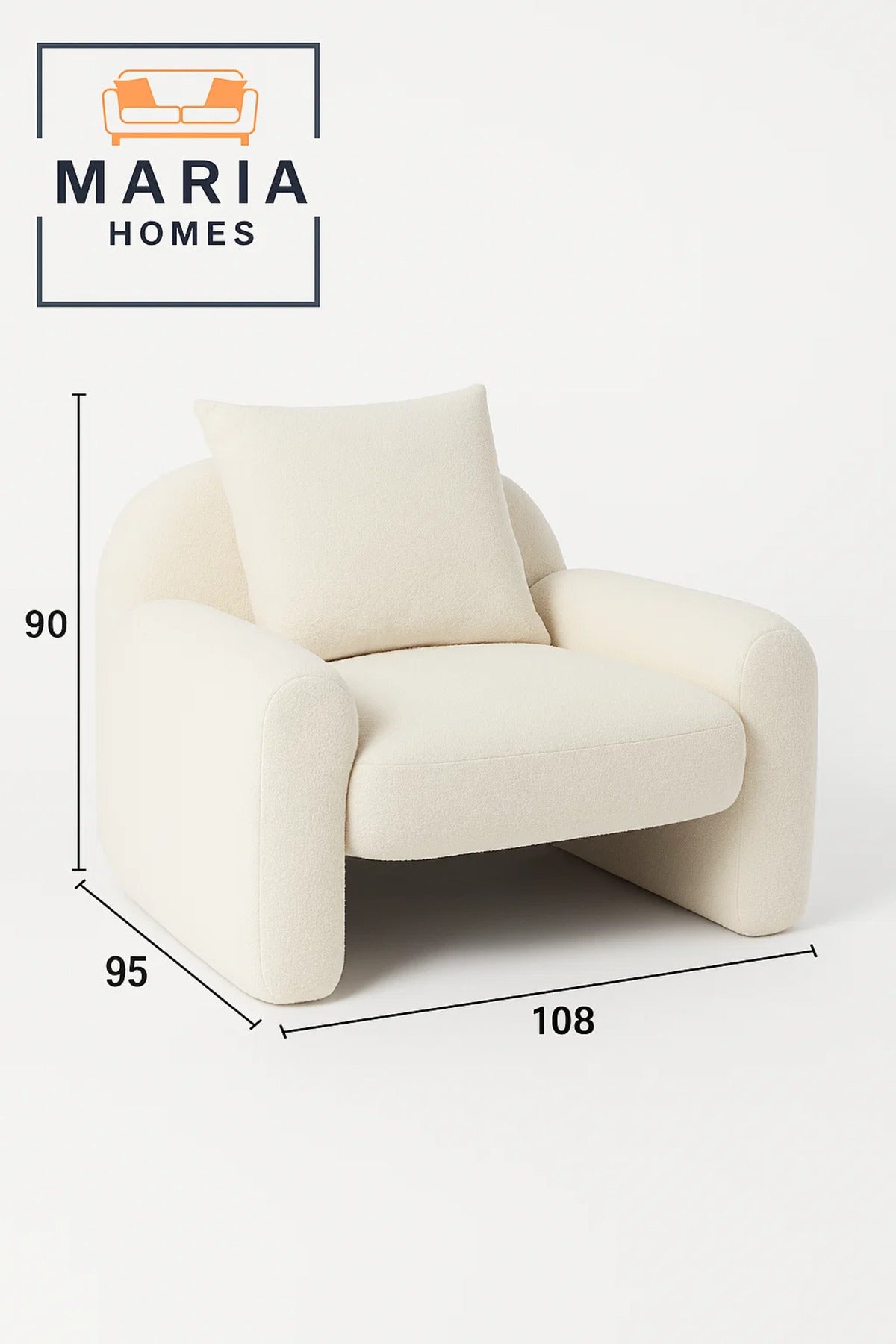 White BouclŽ Accent Chair with Pillow Ð Modern Curved Armrest Lounge Seating