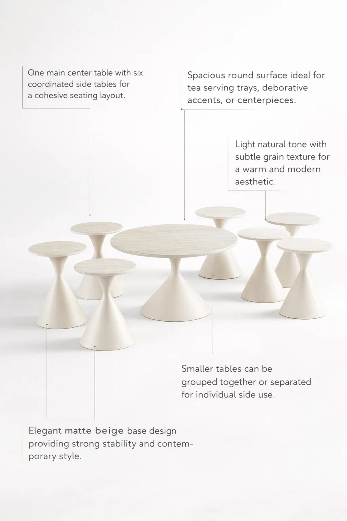 Modern Beige Round Coffee Table Set 1+6 √ê 7 Piece Cone Base Living Room Set