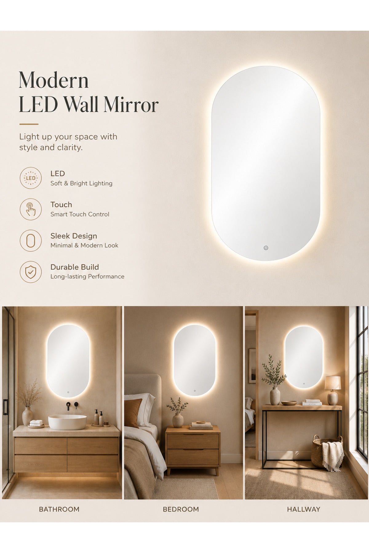 Modern LED Arch Bathroom Mirror √ê Frameless Backlit Wall for & Vanity modern led arch