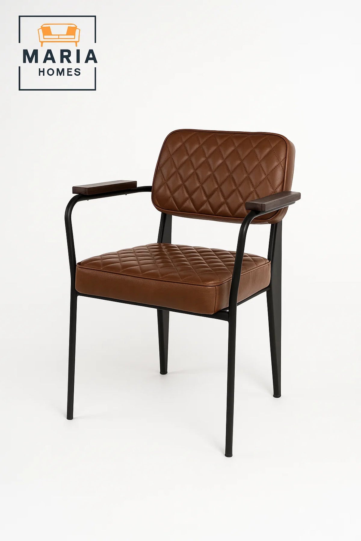 Modern Brown Leather Dining Chair Ð Quilted Accent Chair with Armrests and Black Metal Frame