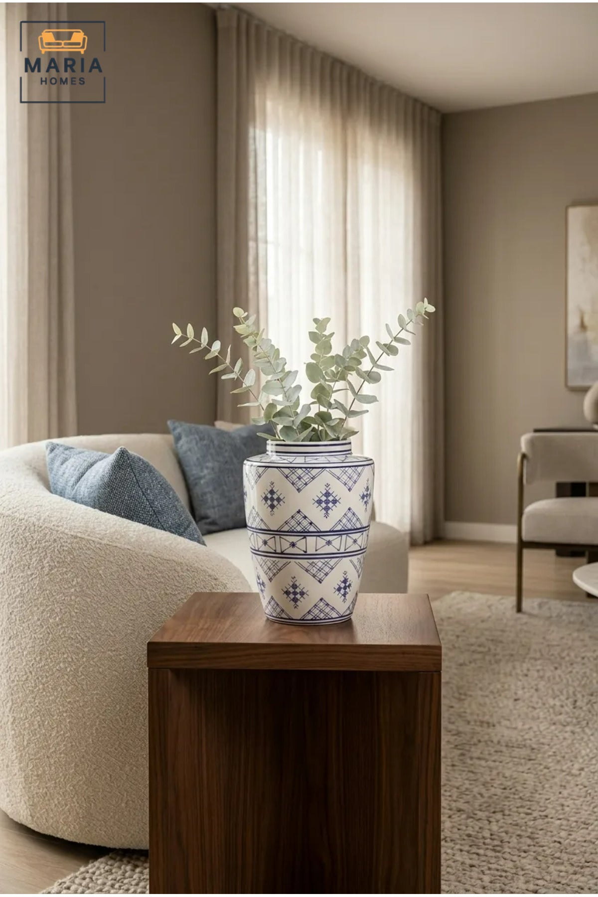 Blue and White Patterned Decorative Vase, Modern Ceramic Flower Holder with Geometric Design for Living Room, Bedroom, Office, Shelf and Table Décor