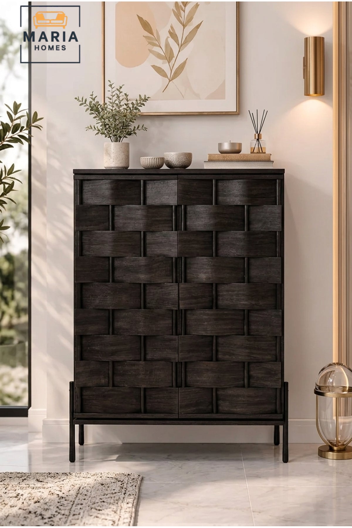 Modern Black Accent Cabinet with 3D Woven Door Design √ê Decorative Storage Cabinet for Living Room, Entryway & Dining Room