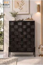 Modern Black Accent Cabinet with 3D Woven Door Design √ê Decorative Storage Cabinet for Living Room, Entryway & Dining Room
