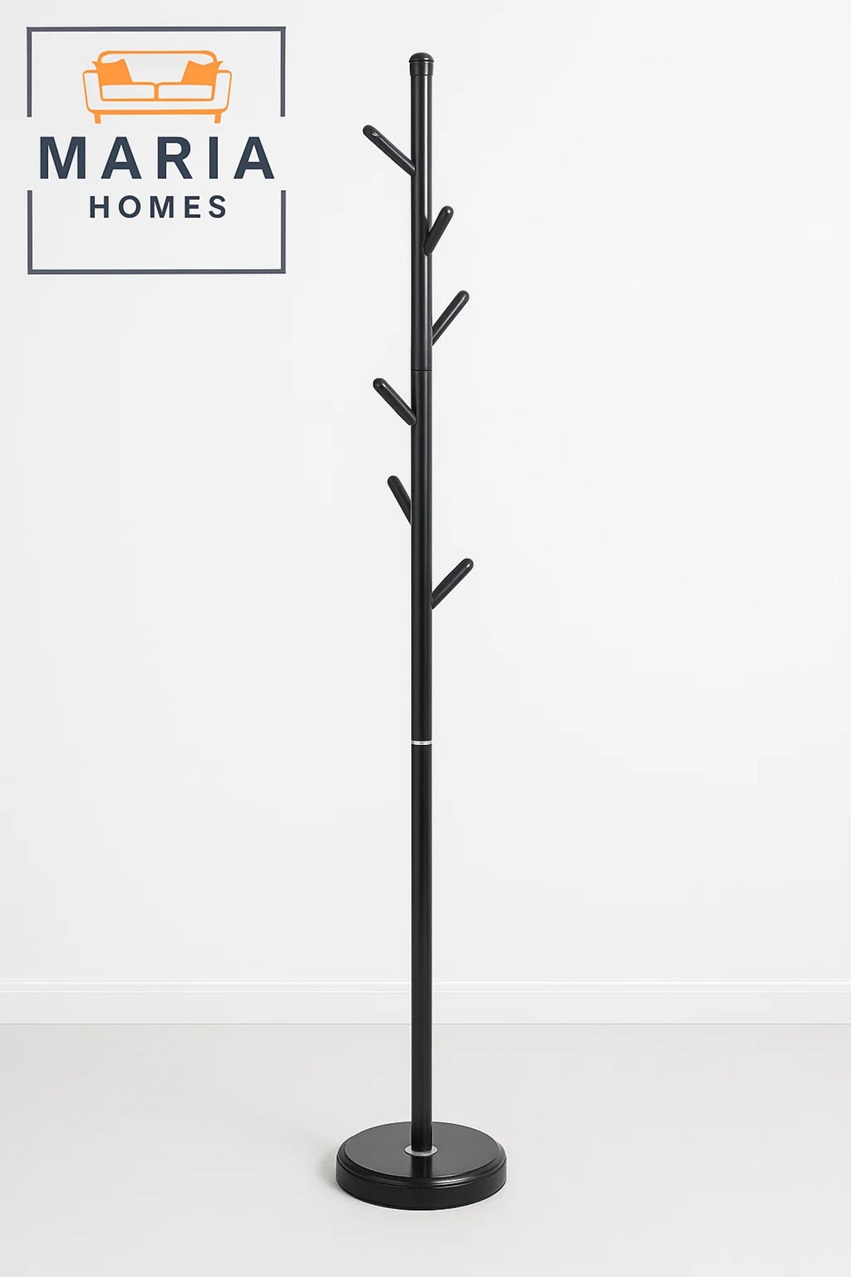 Slim Black Metal Coat Rack with Angled Peg Hooks