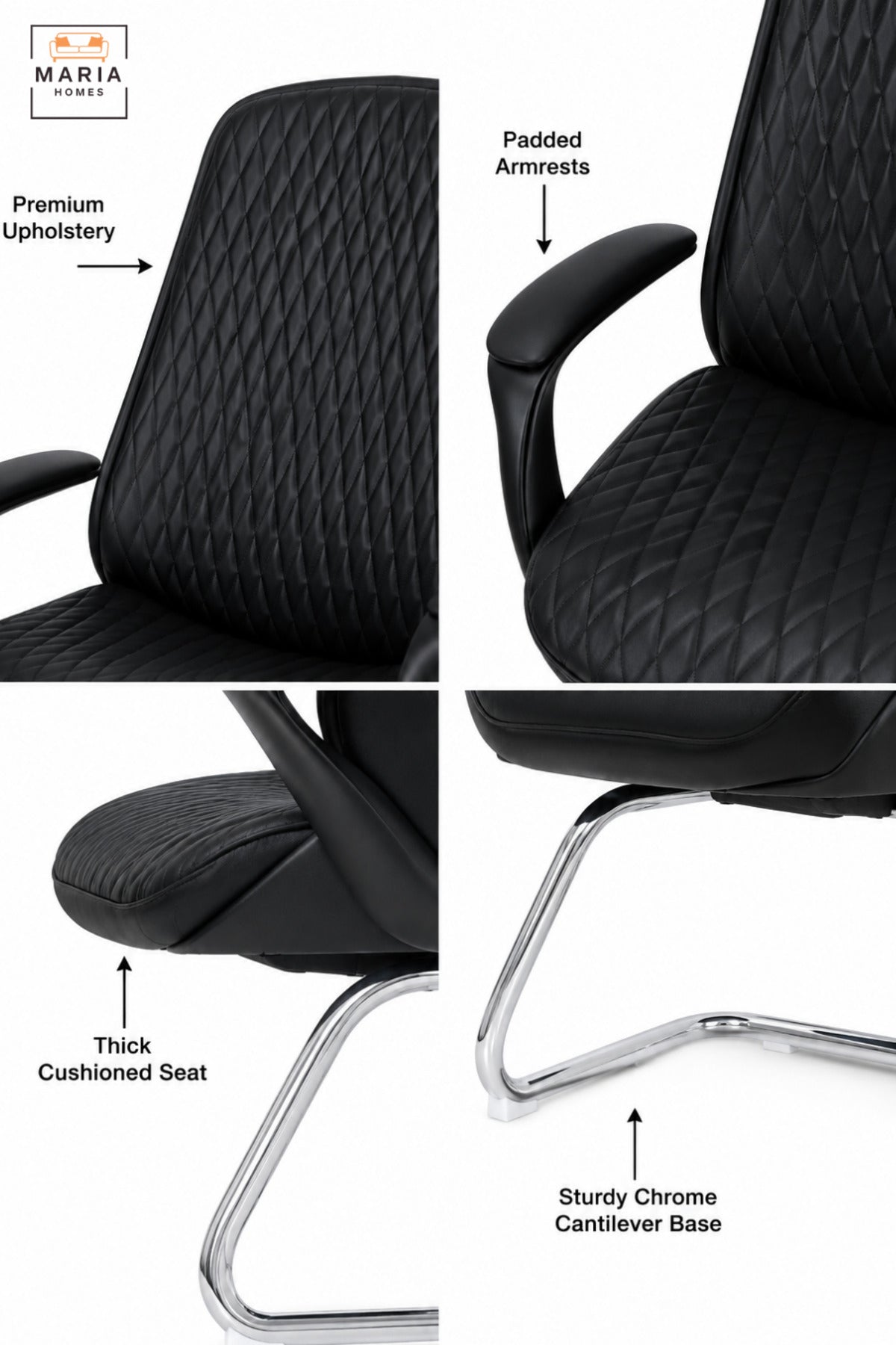 Modern Black Executive Visitor Office Chair with Diamond Quilted Backrest, Padded Seat, Armrests & Chrome Cantilever Base for Reception Meeting Room