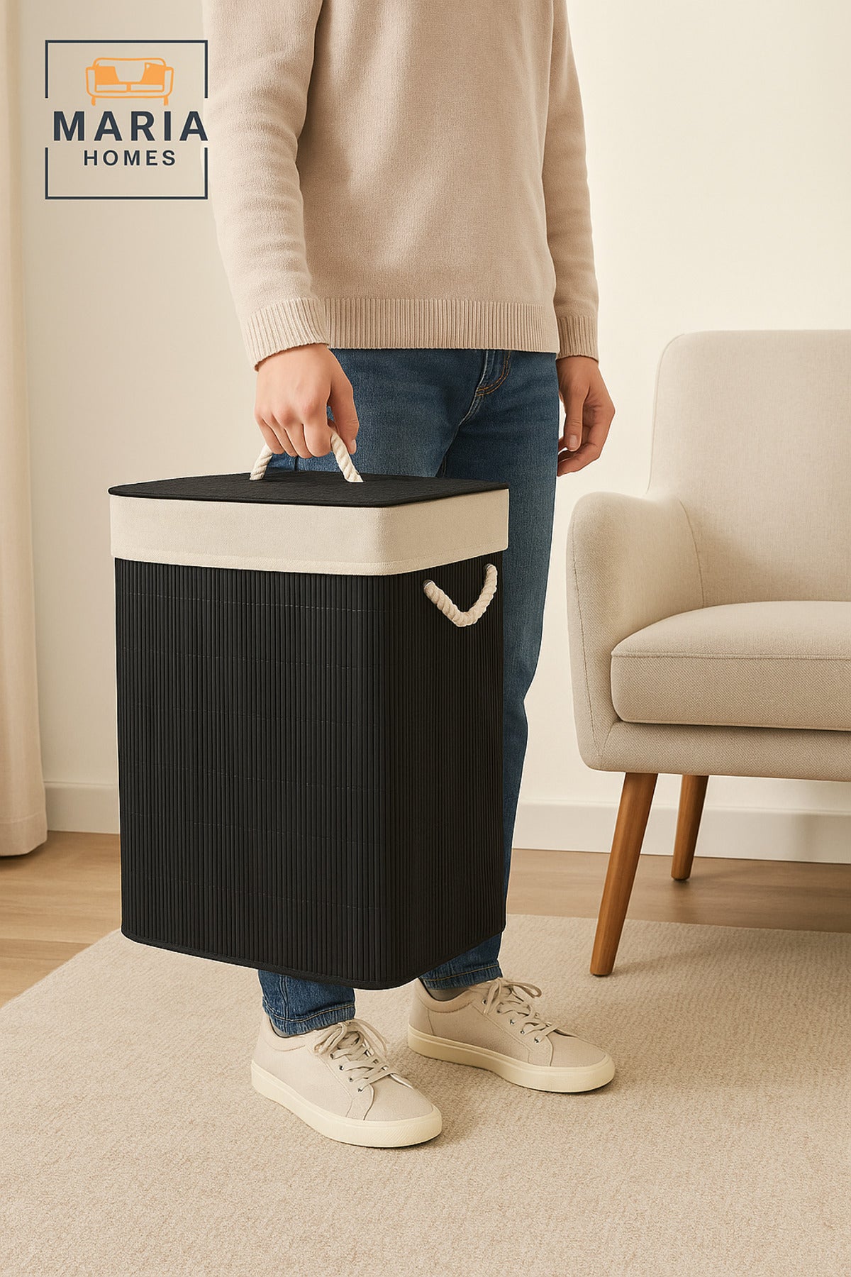 Black Bamboo Laundry Basket with Lid & Rope Handles Ð 40_30_57 cm