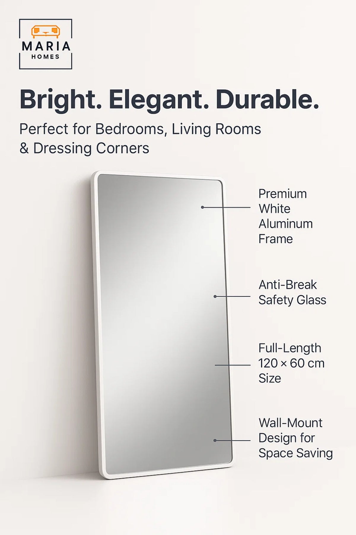 White Wall Mirror for Bedroom, Bathroom, Living Room, Dressing & Home D≈Ωcor 120x60 cm