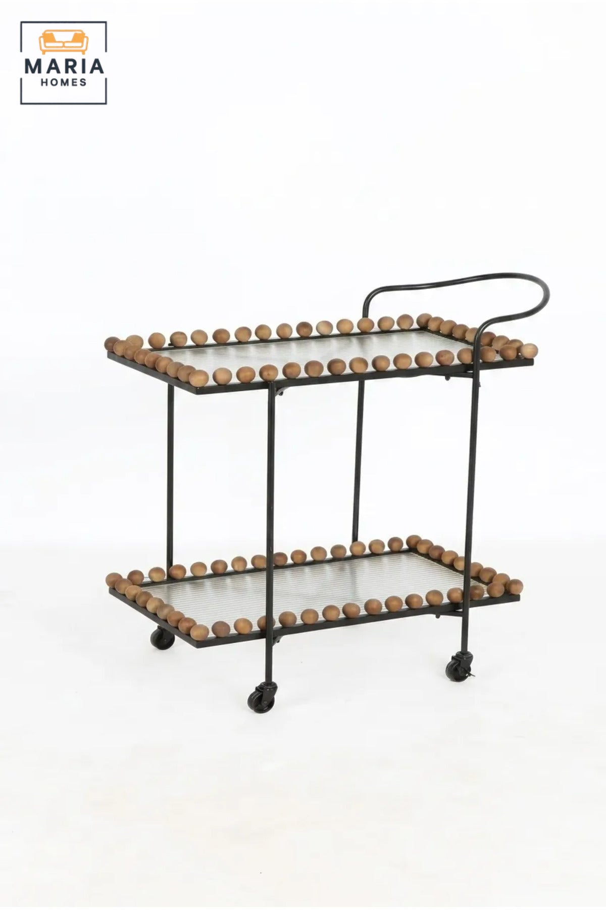 Modern 2-Tier Glass Serving Trolley – Brown & Black Rolling Bar Cart with Metal Frame and Bead Accents