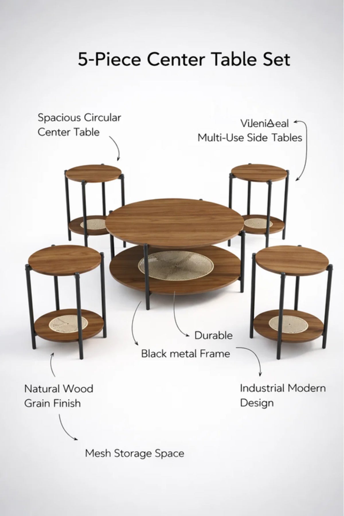 Modern 5-Piece BROWN B Concrete and Metal Coffee Table Set
