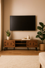 Dark Brown Wooden TV Stand 180_40_44 cm Ð Modern TV Unit with Cutout Design Doors and Open Shelves