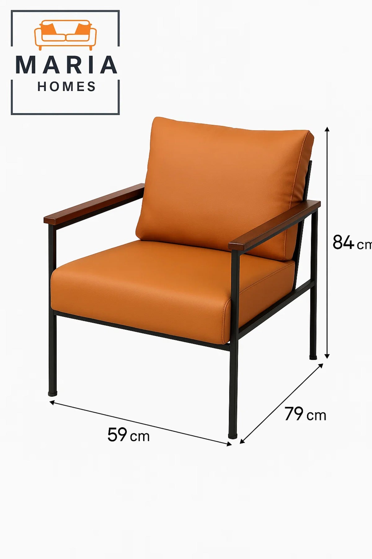 Orange Faux Leather Lounge Chair Ð Modern Armchair with Black Metal Frame & Wood Armrests
