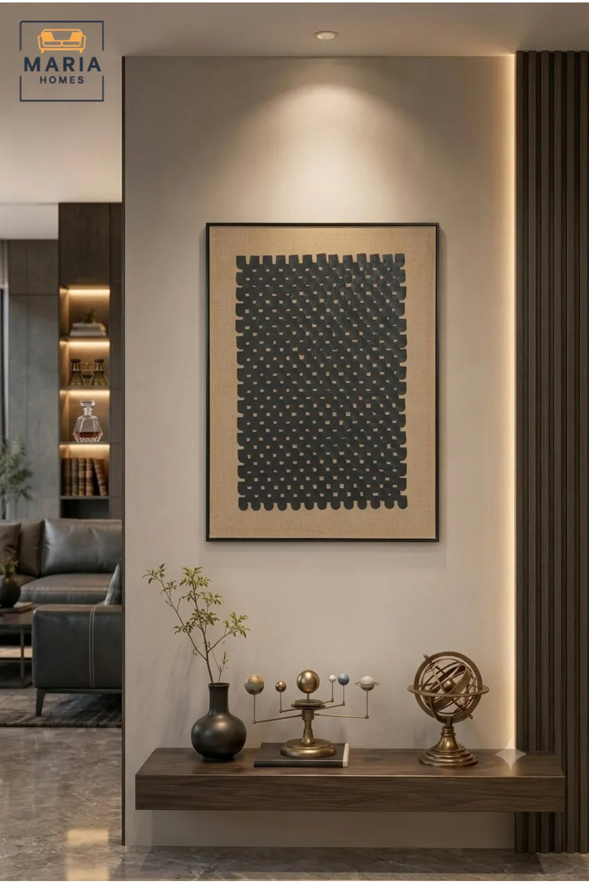 Modern Abstract Textured Wall Art with Slim Black Frame, Black Woven Geometric Design on Beige Canvas for Living Room, Bedroom and Office Décor