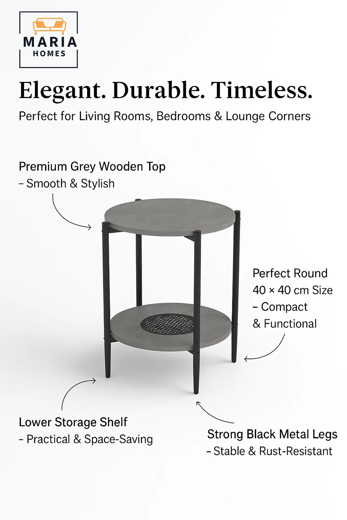 Modern Grey Side Table √ê Round Coffee Table with Lower Storage Shelf 40_40_55 cm
