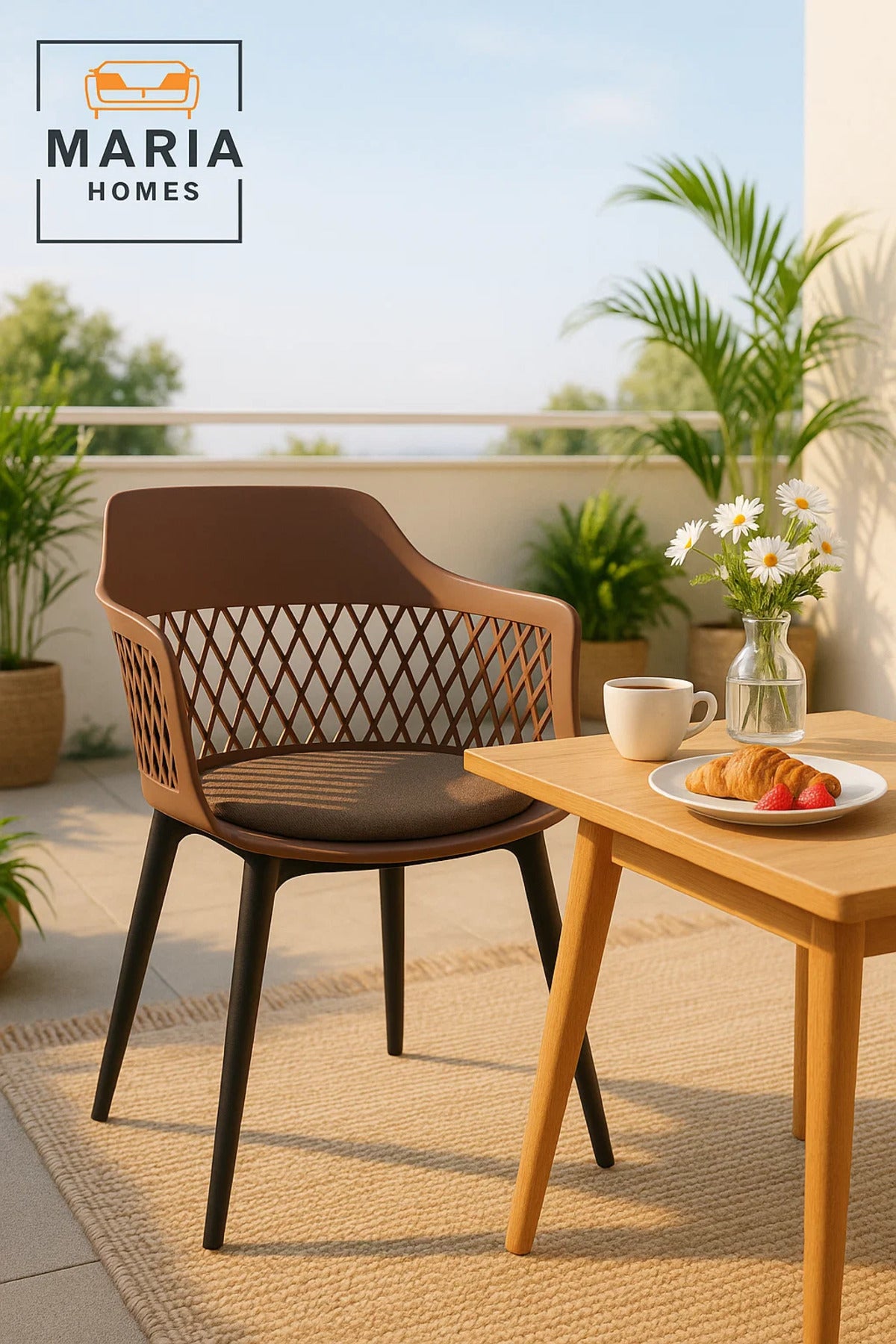 Brown Diamond Back Plastic Armchair Modern IndoorOutdoor Chair with Black Legs and Ventilated Design